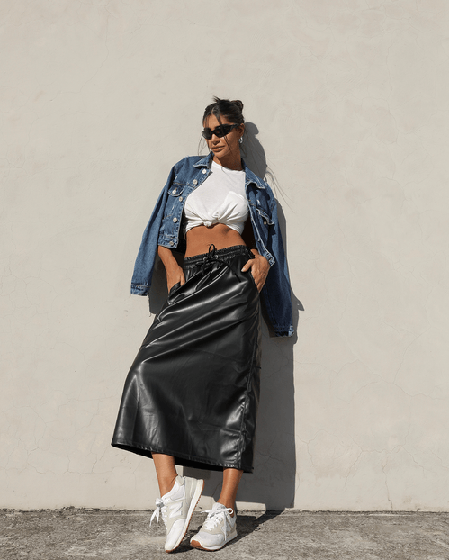 Saia Couro Midi Feminina Elástico Na Cintura 90462 Preto