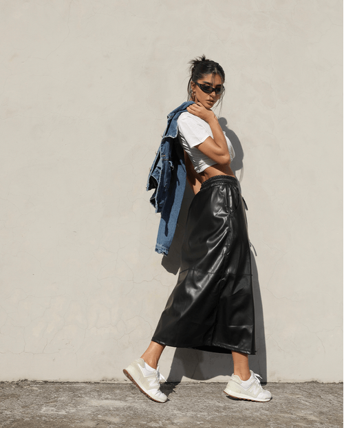 Saia Couro Midi Feminina Elástico Na Cintura 90462 Preto