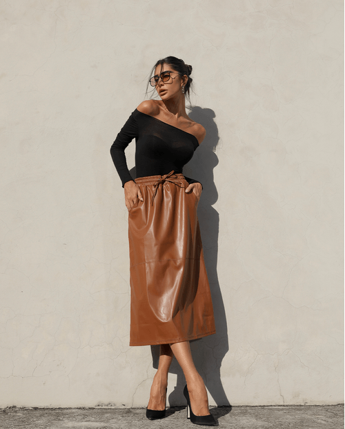 Saia Couro Midi Feminina Elástico Na Cintura 90462 Marrom