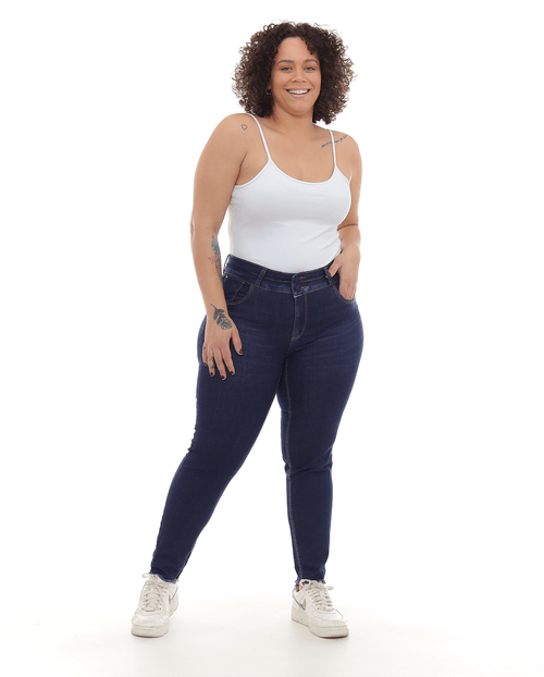 Calça Jeans Skinny Plus Size Feminina Cintura Alta Barra Desfiada 22710 Escura