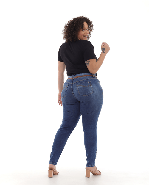 Calça Jeans Skinny Plus Size Feminina Cintura Alta Cinto 22711 Escura