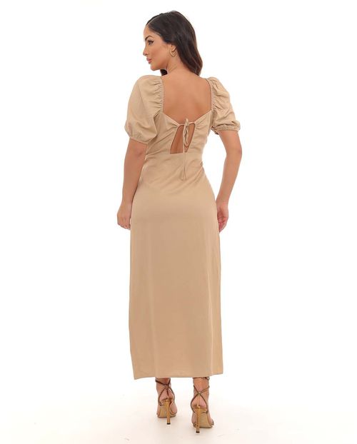Vestido Viscose Longo Feminino Fenda Frontal 90453 Bege