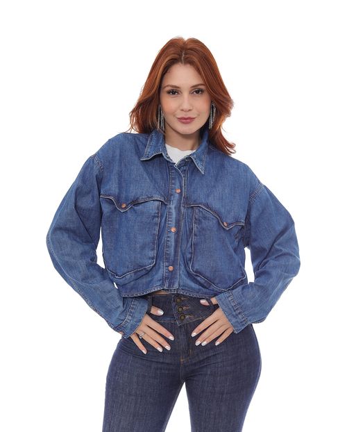 Camisa Jeans Cropped Oversized Feminina Bolsos Frontais 22633 Média