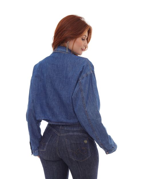 Camisa Jeans Cropped Oversized Feminina Bolsos Frontais 22633 Média