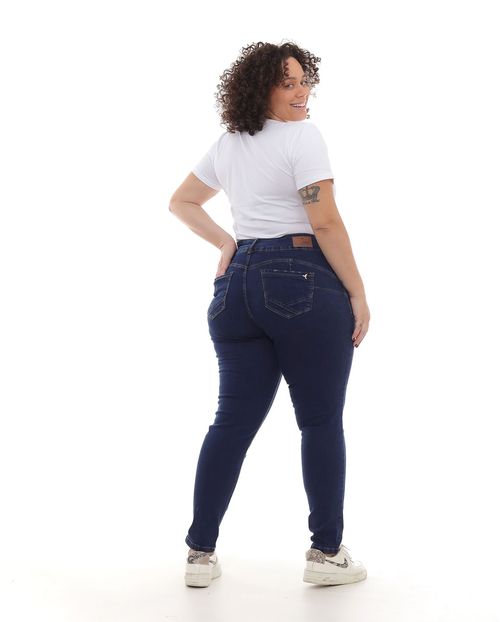 Calça Jeans Skinny Plus Size Feminina Cintura Alta Botão Duplo 22915 Escura