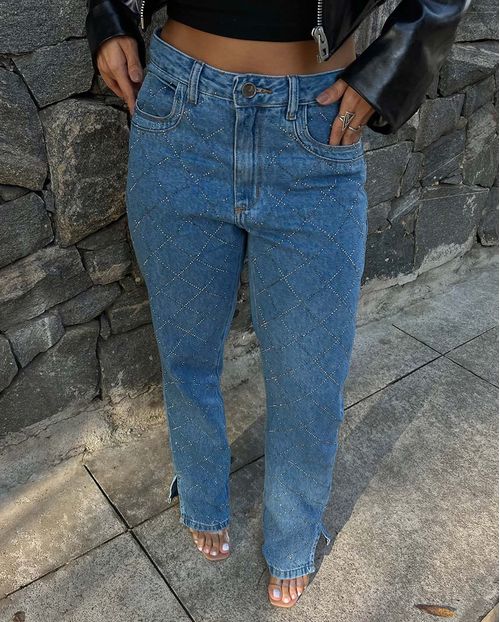 Calça Jeans Wide Loose Feminina Cintura Alta Brilhos 22846 Média
