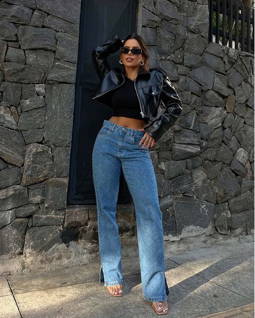 Calça Jeans Wide Loose Feminina Cintura Alta Brilhos 22846 Média