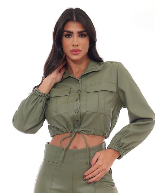 Jaqueta Material Sintético Cropped  Feminina 90472 Verde Militar