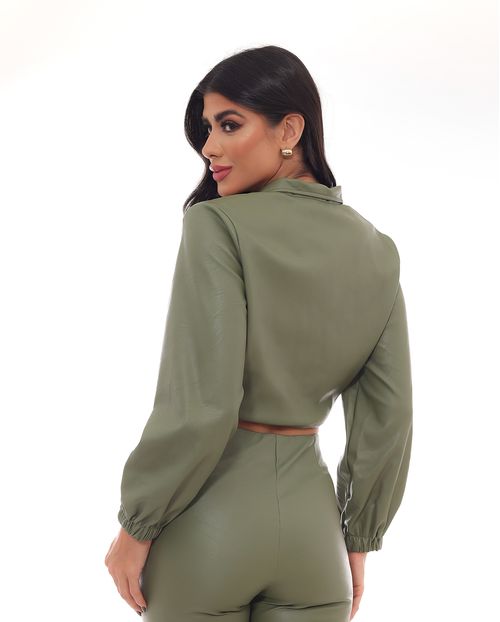 Jaqueta Material Sintético Cropped  Feminina 90472 Verde Militar