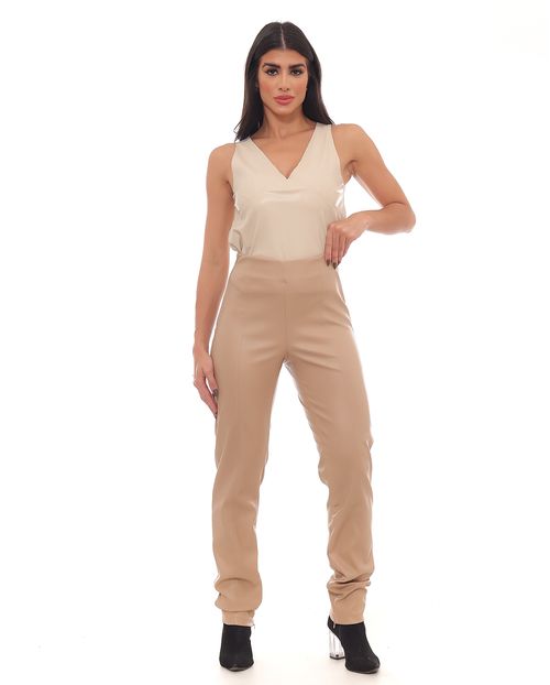 Calça Material Sintético Skinny Feminina Cintura Alta 90465 Bege