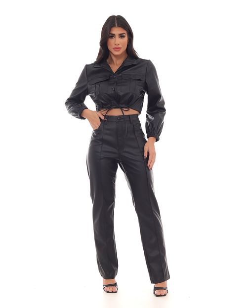 Calça Material Sintético Wide Loose Feminina Cintura Alta Nervura Frontal 22743 Preto
