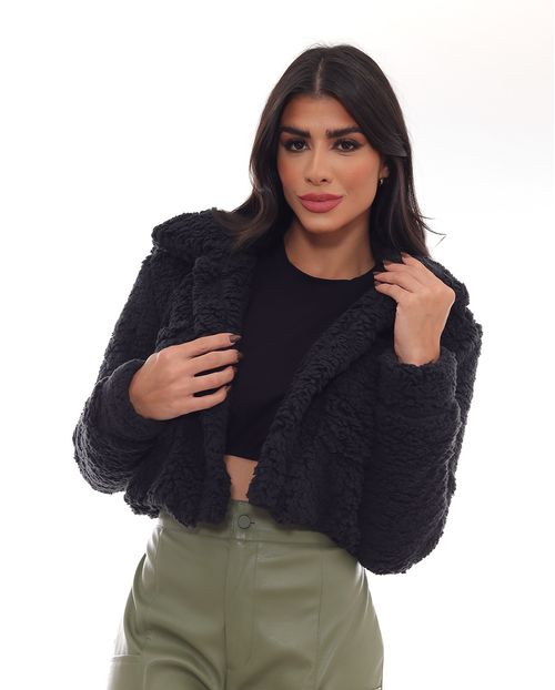 Bomber Pelo Sintético Teddy Feminina 22701 Preto