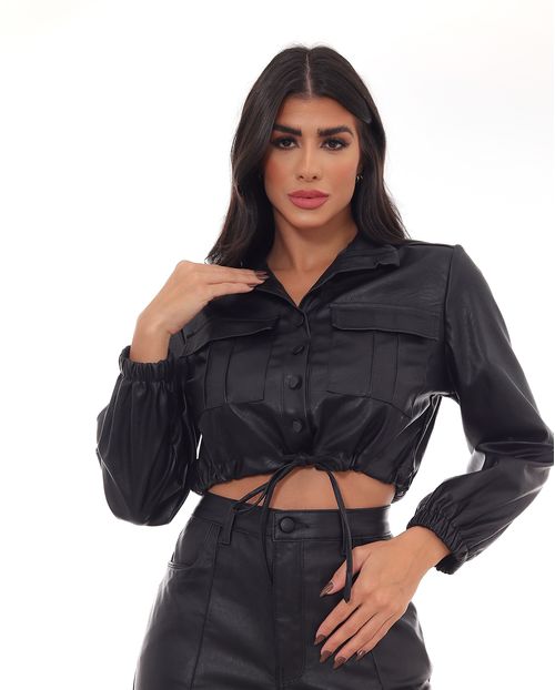 Jaqueta Material Sintético Cropped  Feminina 90472 Preto