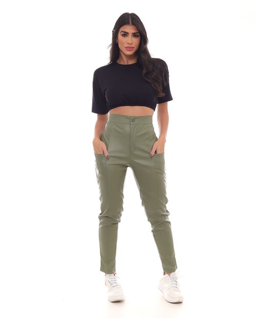 Calça Material Sintético Skinny Feminina Cintura Alta Recorte 90471 Verde