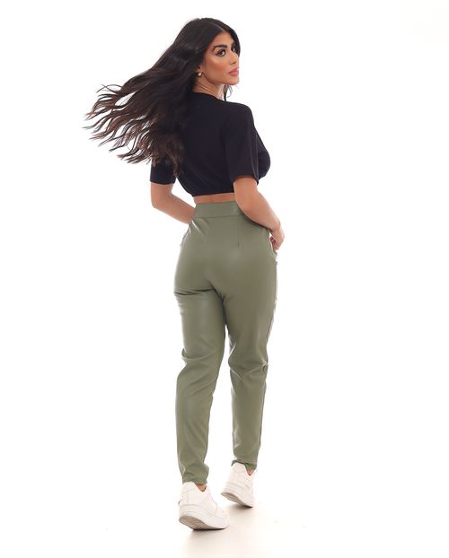 Calça Material Sintético Skinny Feminina Cintura Alta Recorte 90471 Verde
