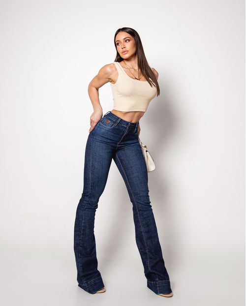 Calça Jeans Flare Feminina Cintura Média Barra Larga 22985 Escura