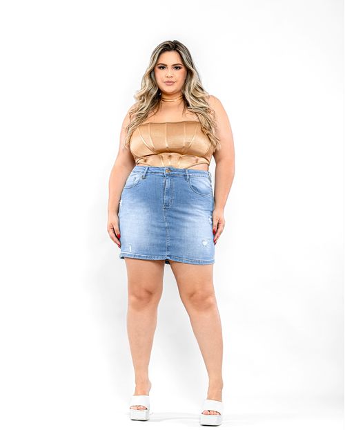 Mini-Saia Jeans Feminina Plus Size com Rasgos e Puídos   21398 Média Rasgada