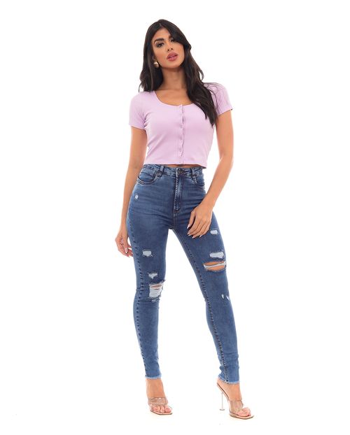 Calça Jeans Skinny Hot Feminina Cintura Alta Extreme Power Barra Desfiada 22856 Média