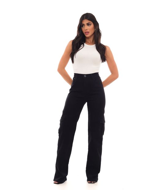 Calça Sarja Wide Leg Feminina Cintura Alta Bolsos Cargo 22920 Preto
