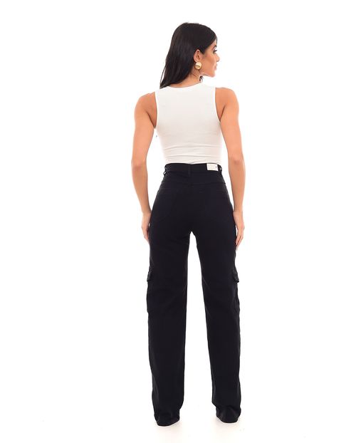 Calça Sarja Wide Leg Feminina Cintura Alta Bolsos Cargo 22920 Preto