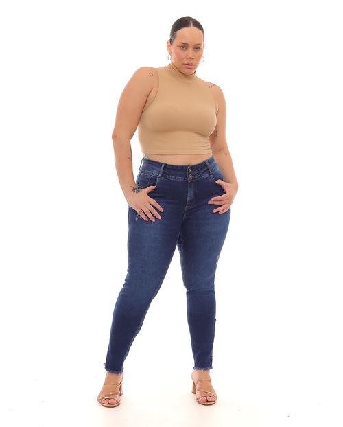 Calça Jeans Skinny Plus Size Feminina Cintura Alta Abertura Na Barra 22913 Escura
