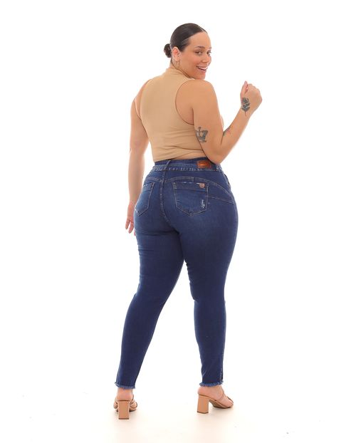 Calça Jeans Skinny Plus Size Feminina Cintura Alta Abertura Na Barra 22913 Escura