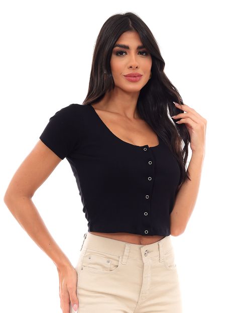 Blusa Cropped Feminina Manga Curta e Botões 90207 Preto