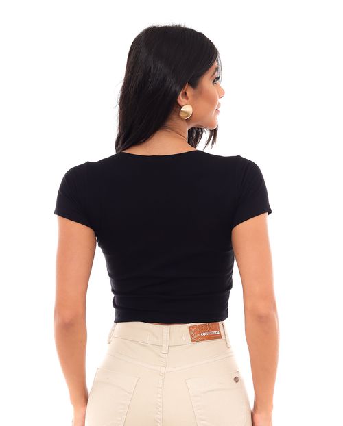 Blusa Cropped Feminina Manga Curta e Botões 90207 Preto