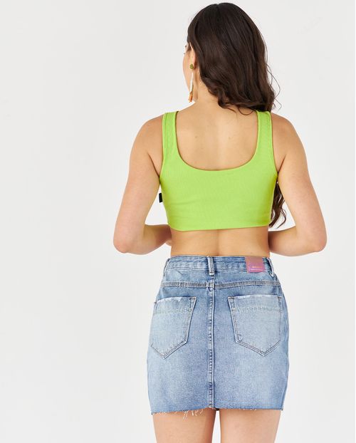 Mini Saia Jeans com Bordado Pespontado Colorido Nos Bolsos Traseiro e Barra a Fio 22447 Média