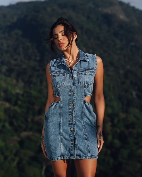 Vestido Jeans Cut Out Feminino 23045 Escura