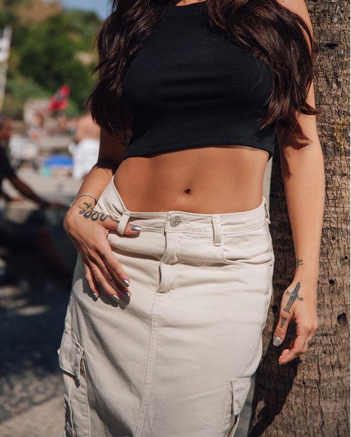 Saia Sarja Longa Cargo Feminina Abertura Frontal 23004 Creme