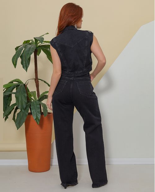 Calça Jeans Wide Leg Feminina Cintura Alta com Aplicação 23039 Preto