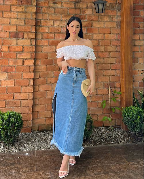Saia Jeans Longa Feminina Cintura Alta Fenda 23002 Média