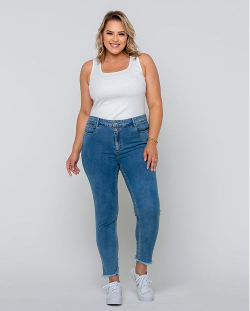 Calça Jeans Skinny Feminina Plus Size Cintura Alta Botão Duplo 22632 Média