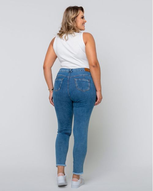 Calça Jeans Skinny Feminina Plus Size Cintura Alta Botão Duplo 22632 Média