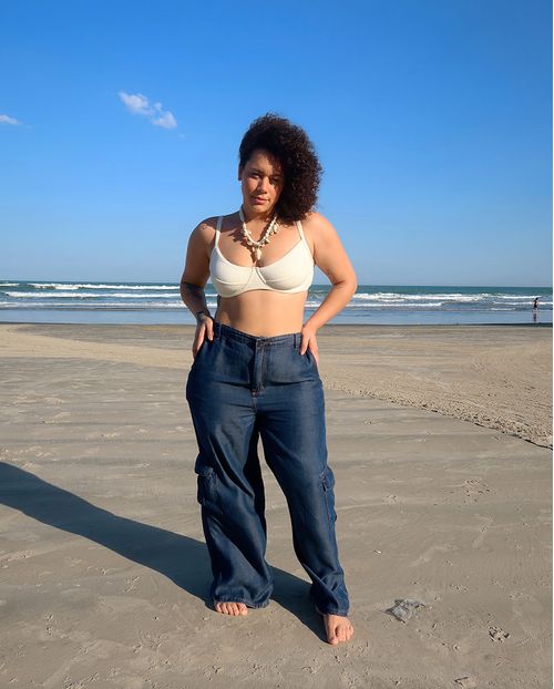 Calça Jeans Wide Leg Feminina Plus Size Cargo Elastico No Cós 22997 Escura