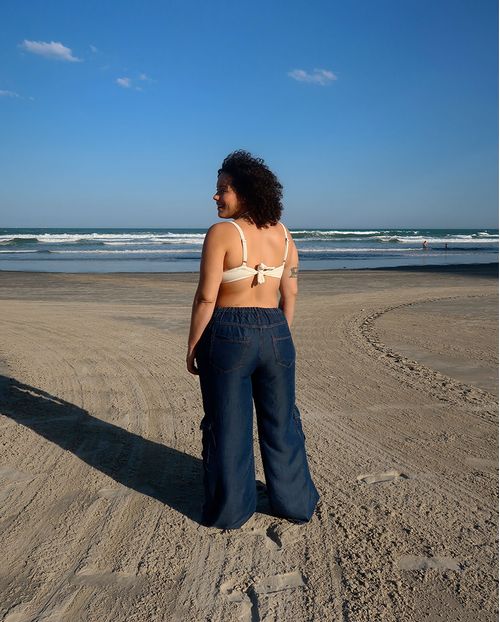 Calça Jeans Wide Leg Feminina Plus Size Cargo Elastico No Cós 22997 Escura