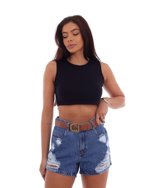 Shorts Jeans Feminino Mom Escuro Rasgado com Cinto Marrom   07508 Escura Rasgada