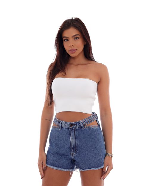 Shorts Jeans Mom Feminino Cintura Alta Cut Out Aplicação 22601 Escura