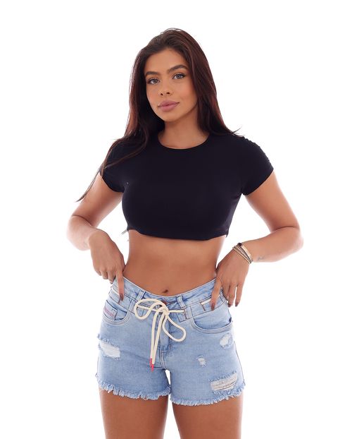 Shorts Jeans Feminino Boyfriend com Cordão Abaixo do Cós e Barra Desfiada  22463 Clara