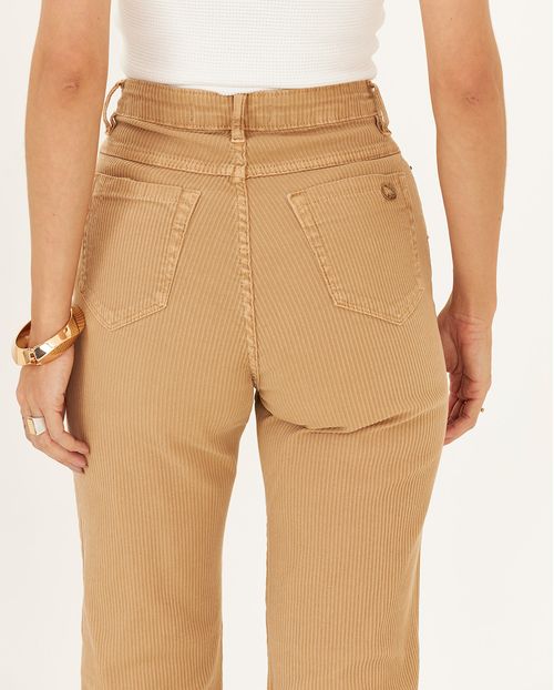 Calça Sarja Cotelê Wide Leg Feminina Cintura Alta 22873 Caqui