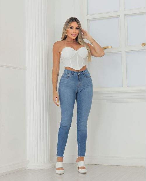 Calça Jeans Skinny Feminina Cintura Média Barra Desfiada 23137 Clara