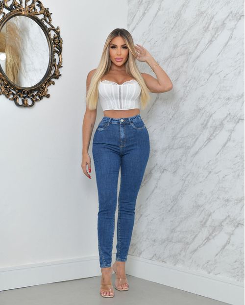 Calça Jeans Skinny Hot Feminina Cintura Alta Recorte Na Barra 23192 Escura