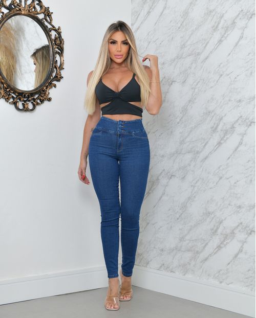Calça Jeans Skinny Feminina Cintura Alta Cós Largo com Elástico 23257 Escura