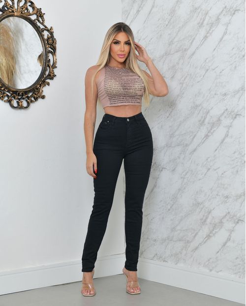 Calça Jeans Skinny Hot Feminina Cintura Alta Extreme Power Detalhe Barra 23263 Preto