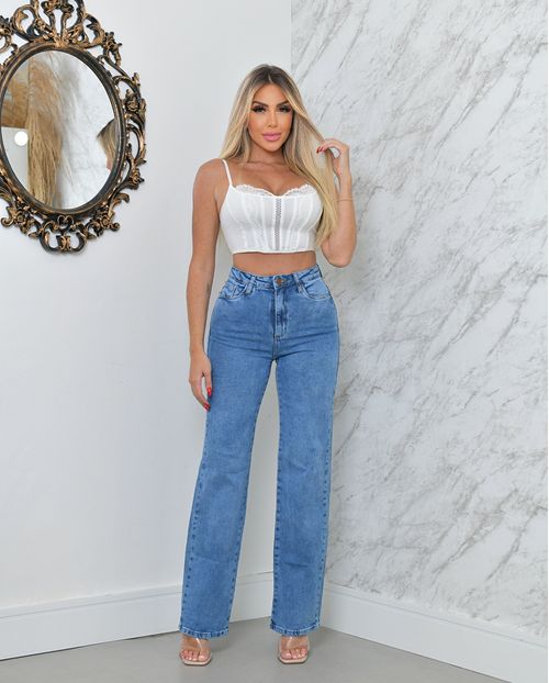 Calça Jeans Wide Leg Feminina Cintura Alta Básica Algodão 23225 Média
