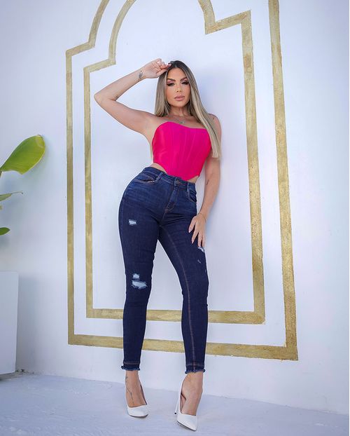 Calça Jeans Skinny Feminina Cintura Média Barra Desfiada 22808 Escura