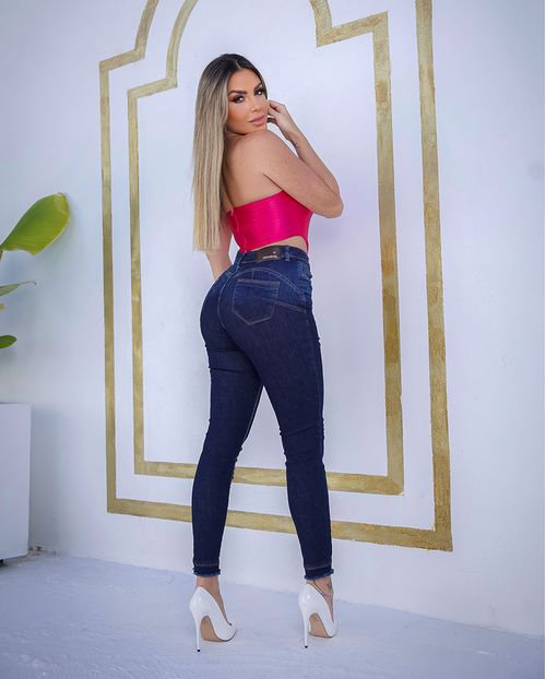 Calça Jeans Skinny Feminina Cintura Média Barra Desfiada 22808 Escura