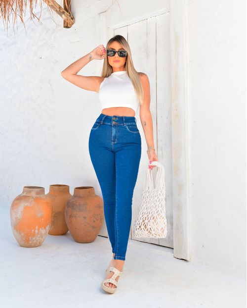 Calça Jeans Skinny Feminina Cintura Média Extreme Power Cós Largo 23073 Escura