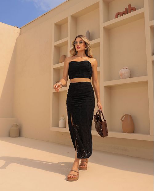 Saia em Laise Midi Feminina Abertura Frontal 90520 Preto